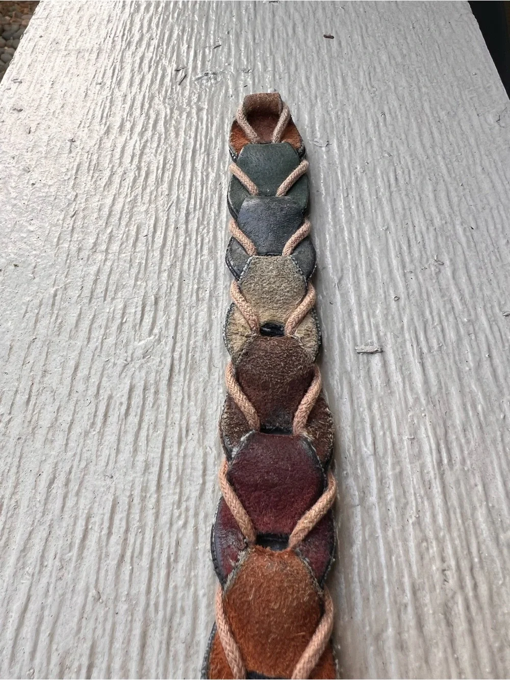 Vintage Multicolor Patchwork Leather Braided Belt Boho Western Brass Buckle 40”